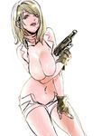  ashley_graham bad_id bad_pixiv_id blonde_hair breasts fingerless_gloves gloves gun highres katou_teppei large_breasts lips nipples resident_evil resident_evil_4 shorts solo sweat topless unbuttoned weapon 