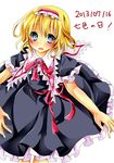  alice_margatroid blonde_hair blue_hair blush cape frills hair_ribbon highres kotokura_imu ribbon short_hair solo touhou 