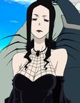  1girl arachne_gorgon bare_shoulders black_hair breasts cleavage female large_breasts long_hair lowres pale_skin solo soul_eater 
