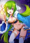  ;d bracelet breasts choker coat fire flame fur_trim green_hair index_finger_raised jewelry leaning_forward long_hair medium_breasts midriff navel noma_(kifyz23) one_eye_closed open_mouth original pendant pink_eyes smile solo thighhighs very_long_hair white_legwear 