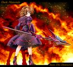  blue_eyes brown_hair character_name dress fingerless_gloves fire from_behind gloves kiriko_(takitsubo_massage) long_sleeves luciferion lyrical_nanoha magical_girl mahou_shoujo_lyrical_nanoha mahou_shoujo_lyrical_nanoha_a's mahou_shoujo_lyrical_nanoha_a's_portable:_the_battle_of_aces material-s puffy_sleeves short_hair solo 