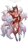 ahri animal_ears bare_shoulders black_hair boots breasts character_name cleavage detached_sleeves fox_ears fox_tail full_body krenz league_of_legends long_hair medium_breasts multiple_tails simple_background solo tail white_background yellow_eyes 