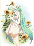  2013 dated dress flower green_eyes green_hair hat hatsune_miku highres kimkyeng long_hair open_mouth solo sunflower twintails very_long_hair vocaloid 