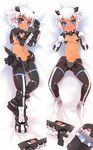  1girl animal_ears armor ass blue_eyes blush breasts busou_shinki dakimakura dark_skin doll_joints fang fangs gabrine gauntlets lillithlauda looking_at_viewer lying navel on_back on_side open_mouth short_hair small_breasts smile solo tail trefoil underboob weapon white_hair 
