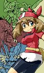  1girl ass bandanna bike_shorts blaziken blue_eyes brown_hair epic haruka_(pokemon) n36hoko pixiv_thumbnail pokemon pokemon_(game) pokemon_rse resized scar scars sceptile swampert tight_clothing tight_pants 