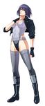  absurdres boots breasts cleavage cropped_jacket fingerless_gloves ghost_in_the_shell gloves highres jacket kusanagi_motoko leather leather_jacket leotard medium_breasts purple_hair ra-ya_hinata red_eyes short_hair solo thighhighs 