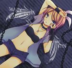  bandeau blonde_hair blue_eyes chain collar hand_on_forehead jewelry kagamine_rin kuroi_(liar-player) looking_at_viewer midriff nail_polish navel open_clothes open_mouth open_shirt pendant shirt short_hair short_shorts shorts solo strapless vocaloid 