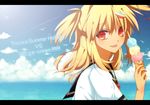  bad_id bad_pixiv_id beatmania beatmania_iidx blonde_hair blush food hair_ornament ice_cream izayoi_kura looking_at_viewer red_eyes solo tongue xiatian_(beatmania_iidx) 