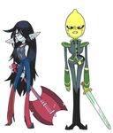  1girl adventure_time axe bass_guitar black_hair character_request collar crying crying_with_eyes_open earl_of_lemongrab earrings food fruit gashi-gashi hair_over_eyes instrument jewelry lemon long_hair long_legs marceline_abadeer pointy_ears red_eyes sword tears weapon 