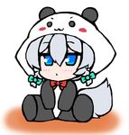  animal_costume blue_eyes bonobono_(en-rai) bow chibi dog_tail grey_hair inu_sakuya izayoi_sakuya panda_costume tail touhou 