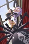  arachne arched_back ass bottomless breasts butt_crack curtains detached_sleeves elbow_gloves extra_eyes gloves head_tilt insect_girl large_breasts looking_at_viewer looking_back monster_girl monster_musume_no_iru_nichijou multiple_legs okayado purple_hair rachnera_arachnera red_eyes slender_waist smile solo spider_girl window 