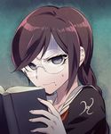  book braid brown_hair collarbone danganronpa danganronpa_1 face fukawa_touko glasses long_hair mole mole_under_mouth pale_skin purple_eyes school_uniform serafuku solo sweatdrop taki_(nakochan) 