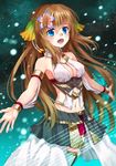  armlet blue_eyes bracelet breasts brown_hair ciel_nosurge feathers flower hair_flower hair_ornament ionasal_kkll_preciel jewelry long_hair medium_breasts music navel necklace noma_(kifyz23) open_mouth singing solo surge_concerto thighhighs 