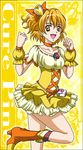  boots bow brooch brown_eyes brown_hair character_name choker cure_pine fresh_precure! hair_bow hair_ornament hanzou heart heart_hair_ornament jewelry knee_boots magical_girl orange_choker precure short_hair side_ponytail skirt smile solo standing standing_on_one_leg wrist_cuffs yamabuki_inori yellow yellow_background 