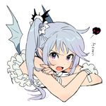  bat_wings blue_hair bow crossed_arms fang fingernails frills glaring hair_bow long_fingernails long_hair open_mouth original pink_eyes poo_(donkan_gokko) side_ponytail solo wings wrist_cuffs 