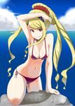  arm_support babylon_(game) bikini blonde_hair breasts cleavage daniel_(artist) day drill_hair grin large_breasts long_hair looking_at_viewer marie_antoinette_(babylon) navel ocean ponytail red_bikini red_eyes shading_eyes side-tie_bikini smile solo swimsuit thighs water 