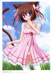  :p absurdres animal_ears bare_shoulders blue_eyes blush brown_hair camisole cat_ears cat_tail cloud cloudy_sky collarbone contrapposto copyright_request day dress grass highres kayura_yuka looking_at_viewer open_clothes open_dress outdoors panties pink_dress pink_panties sky sleeveless sleeveless_dress solo standing striped striped_panties sundress tail tareme thighhighs tongue tongue_out unbuttoned underwear white_legwear white_panties 