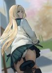  absurdres alternate_costume an-94_(girls_frontline) ass bicycle bicycle_seat blonde_hair blue_eyes blurry blurry_background cardigan dokshuri feet_out_of_frame girls_frontline ground_vehicle hair_between_eyes hairband highres kneehighs long_hair long_sleeves looking_back panties pantyshot pleated_skirt riding school_uniform serafuku skirt solo underwear white_cardigan white_panties 