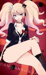  bad_id bad_pixiv_id blue_eyes boots bow breasts cleavage collarbone copyright_name cross-laced_footwear crossed_legs danganronpa danganronpa_1 enoshima_junko gyaru hair_ornament itsumi_(itumiyuo) knee_boots kogal legs long_hair long_legs medium_breasts monokuma nail_polish pink_hair pleated_skirt sitting skirt sleeves_rolled_up smile solo spoilers thighs twintails very_long_hair 