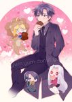  3girls ahoge animal_costume artoria_pendragon_(all) black_eyes black_hair black_legwear blonde_hair boned_meat chibi doughnut emiya_kiritsugu fang fate/extra fate/tiger_colosseum fate/zero fate_(series) food green_eyes highres hisau_maiya irisviel_von_einzbern lion_costume meat miyako_(xxxbibit) multiple_girls pantyhose red_eyes saber_lion white_hair 