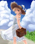  back bad_id bad_pixiv_id bare_shoulders basket blonde_hair blue_eyes braid cloud darjeeling day dress girls_und_panzer grass hat highres long_hair looking_at_viewer looking_back nksk picnic_basket see-through_silhouette sky smile solo sun_hat sundress 