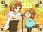  amami_haruka beamed_sixteenth_notes brown_hair dual_persona eighth_note green_eyes hiboshi_daizu highres idolmaster idolmaster_(classic) microphone multiple_girls musical_note nonowa ribbon smile 