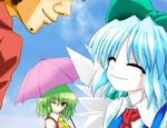  2girls blue_hair blue_sky bow brown_eyes cirno closed_eyes cloud crossover day godai_yuusuke green_hair hair_bow ice ice_wings image_sample kamen_rider kamen_rider_kuuga_(series) kamishima_kanon kazami_yuuka multiple_girls nicoseiga_sample open_clothes open_vest ribbon shirt short_hair sky smile touhou umbrella vest wings 