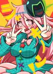  blush double_v hata_no_kokoro kinnikuman long_hair mask pink_eyes pink_hair plaid plaid_shirt rindou_(p41neko) shirt solo touhou v warsman 