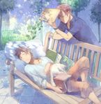  ahoge animal arm_support axis_powers_hetalia barefoot bench blush book brown_hair cat closed_eyes day drooling folder frown grass hair_intakes hand_on_own_chest jewelry looking_down male_focus messy_hair multiple_boys necklace no_shoes open_book open_mouth outdoors pants pants_rolled_up paper pillow shadow sleeping sleeves_rolled_up southern_italy_(hetalia) spain_(hetalia) sweat tree watch wristwatch yellow_eyes zukki_(suzukio) 