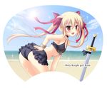  beach bikini blonde_hair copyright_request day fang long_hair red_eyes skywaker solo swimsuit sword twintails uchiwa_design weapon 
