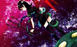  asymmetrical_wings black_hair black_legwear dress dutch_angle houjuu_nue katsuragi_atori looking_back polearm red_eyes snake solo thighhighs touhou trident ufo wallpaper weapon wings zettai_ryouiki 