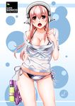  headphones highres kumatyu long_hair nitroplus pink_hair red_eyes see-through shirt super_sonico t-shirt water_gun wet wet_clothes wet_shirt wet_t-shirt 