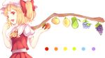 apple ascot blonde_hair blueberry blush bow eating fang flandre_scarlet food fruit grapes hair_bow hat highres hillly_(maiwetea) lemon open_mouth orange pear puffy_sleeves red_eyes short_hair side_ponytail simple_background skirt skirt_set smile solo touhou white_background wings 