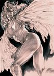  feathers headdress jojo_no_kimyou_na_bouken kars_(jojo) lilyito long_hair male_focus marker_(medium) monochrome realistic solo traditional_media wings 