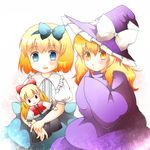  alice_margatroid alice_margatroid_(pc-98) blonde_hair blue_eyes blue_hairband bow capelet doll dress hair_bow hair_ribbon hairband hat kirisame_marisa kirisame_marisa_(pc-98) long_hair long_sleeves multiple_girls pomeko_(13521433) ribbon shanghai_doll shirt short_hair short_sleeves skirt smile suspenders touhou touhou_(pc-98) witch_hat yellow_eyes younger 