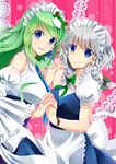  adapted_costume alternate_costume anger_vein blue_eyes blush braid breasts detached_sleeves enmaided frog_hair_ornament green_eyes green_hair hair_ornament hair_tubes interlocked_fingers izayoi_sakuya kochiya_sanae lips long_hair maid maid_headdress medium_breasts meet multiple_girls necktie open_mouth puffy_short_sleeves puffy_sleeves ribbon short_hair short_sleeves silver_hair skirt smile snake_hair_ornament touhou twin_braids vest 