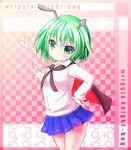  antennae blush cape character_name greatmosu green_eyes green_hair hand_on_hip heart highres mars_symbol short_hair skirt smile solo touhou v venus_symbol wriggle_nightbug 