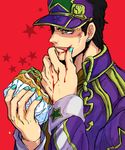  aqua_nails black_hair earrings food food_on_face green_eyes hamburger hat jewelry jojo_no_kimyou_na_bouken kuujou_joutarou licking_lips male_focus miyasemao nail_polish red_background simple_background solo star tongue tongue_out upper_body 