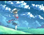  alice_margatroid ayakashi_(monkeypanch) blonde_hair blue_eyes cloud day grass hat highres short_hair skirt sky smile solo thighhighs touhou wind 
