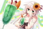  anceril_sacred bad_id bad_pixiv_id blue_eyes blush breasts cleavage crop_top drinking drinking_straw flower food glass hair_flower hair_ornament ice_cream long_hair looking_at_viewer medium_breasts melon_shooter mishima_kurone original shirokami_project smile solo white_hair 