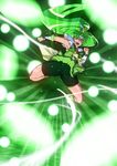  arm_warmers bike_shorts boots bow choker cure_march green green_background green_choker green_eyes green_hair green_shorts green_skirt highres jumping kicking long_hair midorikawa_nao ponytail precure ribbon serious shorts shorts_under_skirt skirt smile_precure! solo taroro tiara tri_tails wrist_cuffs 