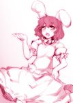  animal_ears blush bunny_ears dress hand_on_hip inaba_tewi kazetto monochrome open_mouth short_hair sketch solo touhou 