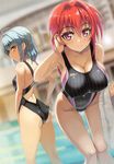  adjusting_clothes adjusting_swimsuit ahoge ass back blue_hair breasts hanging_breasts highres large_breasts long_legs looking_back multiple_girls naruse_mio nonaka_yuki novel_illustration official_art one-piece_swimsuit ookuma_(nitroplus) pool red_eyes red_hair scan scan_artifacts shinmai_maou_no_testament swimsuit yellow_eyes 