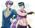  abs blue_eyes blue_hair cosplay costume_switch crop_top father_and_son fingerless_gloves gakuran gloves heart higashikata_jousuke higashikata_jousuke_(cosplay) jojo_no_kimyou_na_bouken joseph_joestar_(young) joseph_joestar_(young)_(cosplay) male_focus midriff multiple_boys narutan pompadour purple_hair scarf school_uniform spoken_heart time_paradox 