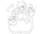  absurdres animal_ears bow braid cat_ears covering_mouth dress fang greyscale hair_bow halo hand_over_own_mouth highres kaenbyou_rin lineart long_hair looking_at_viewer miko_machi monochrome multiple_girls one_eye_closed open_mouth skull smile touhou twin_braids twintails wings zombie_fairy 