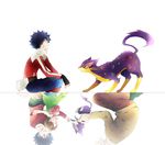  2boys bad_id bad_pixiv_id black_hair brother_and_sister different_reflection fingerless_gloves gen_5_pokemon gloves hue's_sister hue_(pokemon) indian_style kazu_sanbon liepard multiple_boys pokemon pokemon_(creature) pokemon_(game) pokemon_bw2 purrloin reflection siblings sitting spiked_hair 