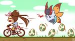  bag bicycle blush_stickers brown_hair chibi commentary_request double_bun egg fire gameplay_mechanics gen_5_pokemon ground_vehicle hat hiwana_(nagare_hibana) long_hair mei_(pokemon) pantyhose pokemon pokemon_(creature) pokemon_(game) pokemon_bw2 raglan_sleeves riding satchel scanlines twintails visor_cap volcarona 