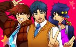  bad_id bad_pixiv_id black_hair blue_eyes blue_hair coat family gakuran gensai3110 hat jojo_no_kimyou_na_bouken jonathan_joestar joseph_joestar_(young) kuujou_joutarou male_focus multiple_boys necktie one_eye_closed purple_eyes red_hair school_uniform sweater_vest v 