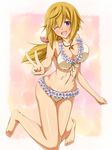  bikini blonde_hair breasts charlotte_dunois frilled_bikini frills highres infinite_stratos jewelry long_hair long_legs medium_breasts mei_ichi necklace one_eye_closed purple_eyes smile solo swimsuit v 