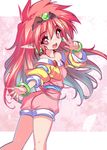  arara_milk ass bracelet earrings elf fang from_behind fujishima-sei_ichi-gou gem hair_ornament highres jewelry long_hair looking_back ng_knight_lamune_&amp;_40 pink_eyes pink_hair pointy_ears shorts smile solo v 